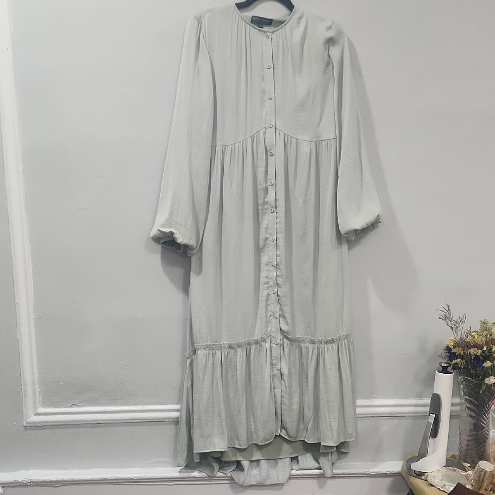 Malka Majesty Elegant Long Sleeve Button-Down Dress in Light Green